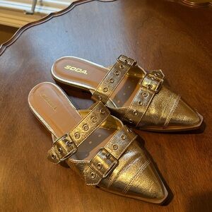 Soda Gold Buckle Strap Women's Mules